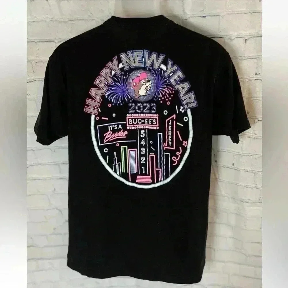 Buc-ee's T Shirt Adult L Black Happy New Year 2023 Short Sleeve Crew Neck beaver - Picture 4 of 15